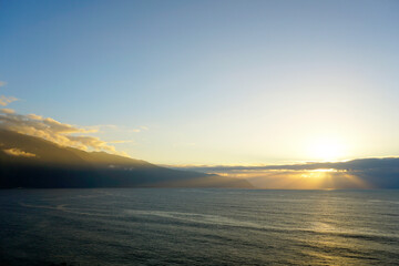Ocean .Waves wind and clouds. Landscapes of Madeira. Surf. Horizon. Blue sky and clouds. Sunset.