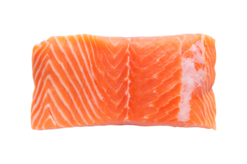 Top view of raw salmon fillet isolated on transparent background