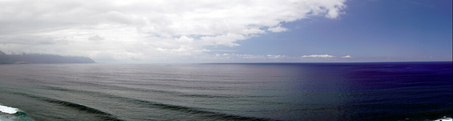 Panoramic ocean view from the northern cliffs of Madeira Island. Boundless expanses and waves. Horizon