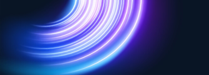Abstract neon planet ring on black background. Vector realistic illustration of bright glowing light trail, digital tech background, futuristic technology speed effect, energy motion, orbit line © klyaksun