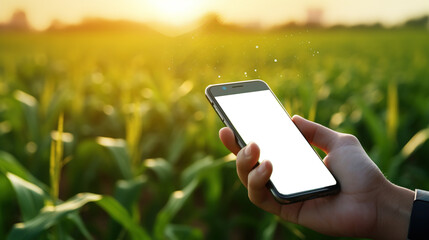Farmer holding a smartphone in front of corn field. Smart digital farming. Plant growing control from smartphone