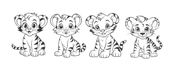 Cute tiger cartoon line art coloring page for kids. Baby tiger animal coloring book illustration