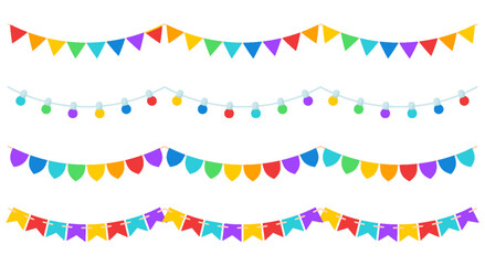 Carnival bunting garland with flags colorful flat set. Rainbow colors pennants flag lantern bulb birthday gender party celebration seamless banner fiesta border holiday header divider frame isolated