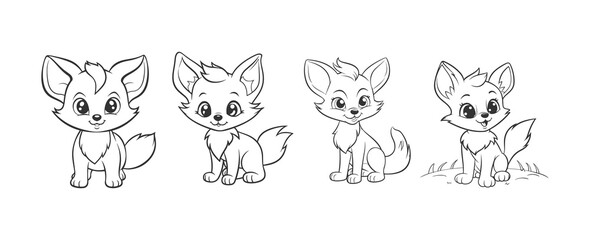 Cute fox cartoon line art coloring page for kids. Baby fox animal coloring book illustration