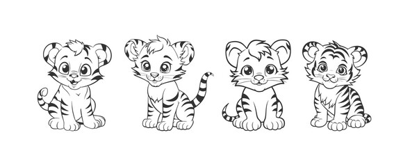 Cute tiger cartoon line art coloring page for kids. Baby tiger animal coloring book illustration