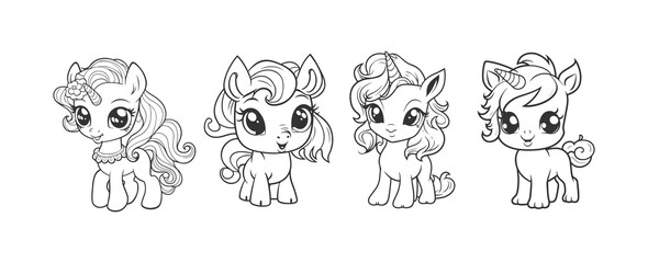Cute pony unicorn cartoon line art coloring page for kids. Baby hourse animal coloring book illustration © abcvector