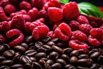 A mix of coffee beans and raspberries