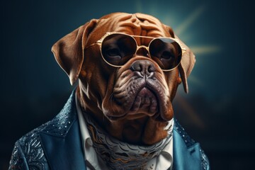 Dog in fur with golden glasses, photorealistic fantasy style, dieselpunk, zuckerpunch, pure color. Close-up. generation ai