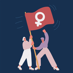 Cartoon vector illustration of feminist flag feminism woman. Feminists flag feminism woman sign. Riot people