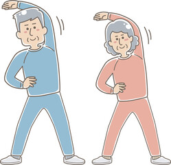 準備体操をする高齢夫婦