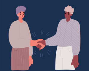 Fototapeta premium Cartoon vector illustration of Businesswoman and businessman handshake. Man and woman shaking hands in business deal and agreement.