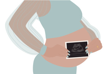 A pregnant woman holds ultrasound results near her tummy. Flat vector illustration on a white background