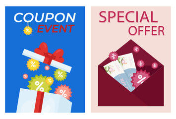 Set of flyers, poster, poster, sticker, postcard with burgundy envelope with coupon, gift box with coupons, envelope with coupons. Coupon, discount, promotions. Voucher. Event coupon. Ready example, t