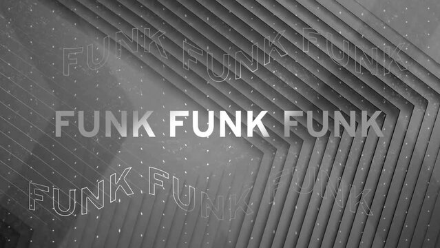 Animation of funk text over pattern on grey background