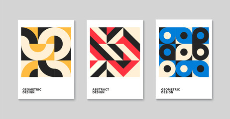 Modern geometric pattern background. Abstract circle, triangle and square art. Trendy bauhaus pattern set. Vector illustration