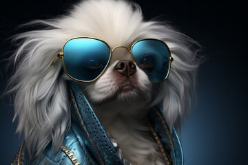 Dog in fur with golden glasses, photorealistic fantasy style, dieselpunk, zuckerpunch, pure color. Close-up. generation ai