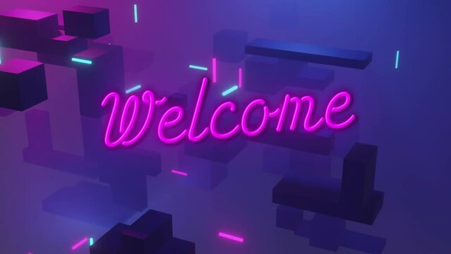 Animation of welcome text over purple background