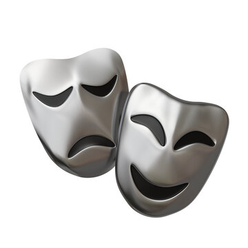 silver theatre theatrical tragedy drama comedy mask isolated on white background. silver emotion theatre theatrical tragedy drama comedy mask isolated. silver theatre theatrical drama comedy 3d render