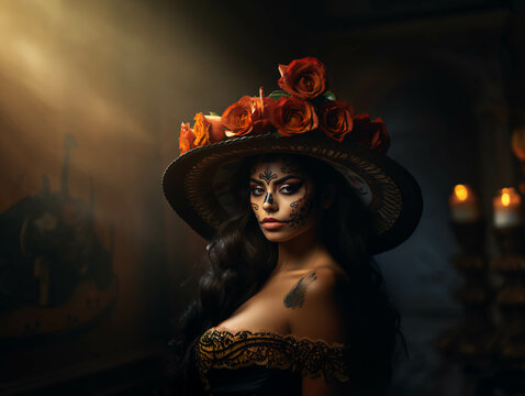ilustración de una mujer latina sensual posando en el Día de Muertos. ai generative