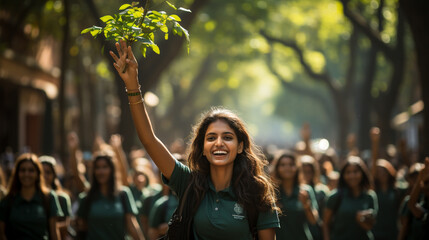 A group of students engaging in a street march, advocating for ozone protection and environmental awareness Generative AI