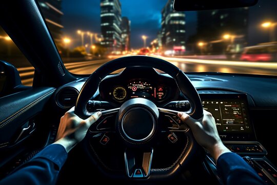 Night Hands Steering Wheel. Generate Ai