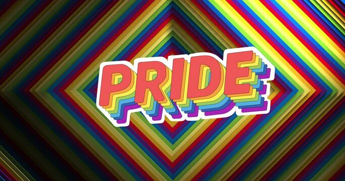 Animation of pride text over rainbow shape