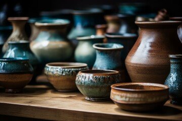 Fototapeta na wymiar Pottery vases art shelves. Generate Ai
