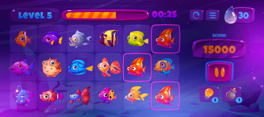 Underwater game ui interface with fish slot icon. Match 3 element with button cute cartoon vector mobile app design. Progress bar asset with clown, angler and piranha undersea object in glasses