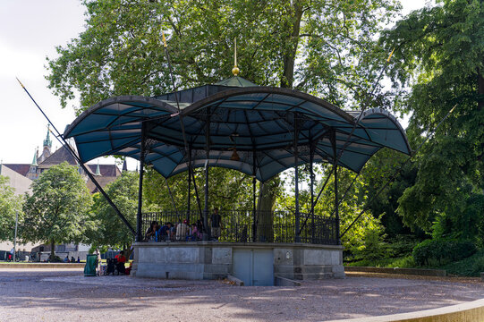 Pavilion at Platzspitz Park with people at Swiss City of Z&uuml;rich on a hot sunny summer day. Photo taken July 18th, 2023, Zurich, Switzerland.
