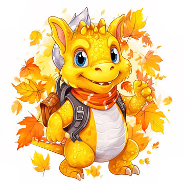 A cheerful dragon goes to school. The concept of the beginning of the school year. Generative AI