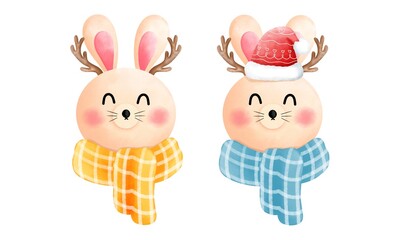 Obraz premium Set of watercolor cute happy bunny with antlers,red beanie,blue and yellow scarf illustration.