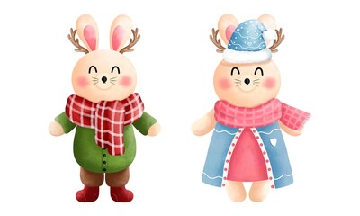Set of christmas little bunny clipart.Cute little bunny with antlers,scarf, beanie and winter costume.