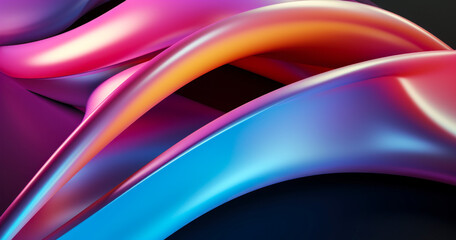 Abstract 3d render, iridescent, glossy, reflective metallic,aorganic curve wave in motion. Gradient design element for banner, background, wallpaper