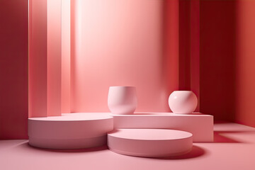 Pink color circular exhibition podium with vases on geometric lines background for premium product presentation, created with Generative AI.