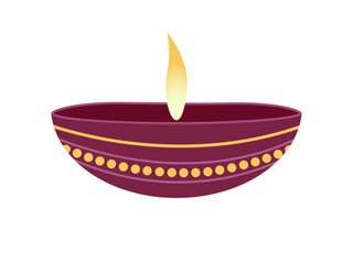 Icon burning candle with fire in a candlestick saucer burgundy color with a yellow stripe and circles on a transparent and white background. Closeup isolated element for Indian holiday Diwali. Vector.