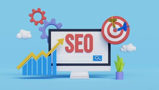 3D SEO optimization for marketing social media website concept. Website SEO strategy and research planning with 3d computer. 4k 3d SEO strategy loop animation