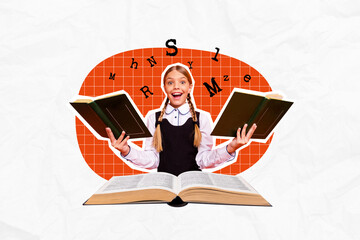 Collage banner of funky diligent girl learning more new words english language dictionary school...