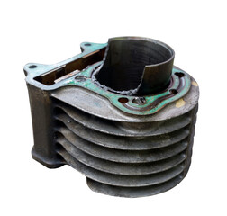 damaged motorcycle piston cylinder block due to incorrect installation of the piston head and late...