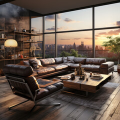  The living room with city scenery includes Modern
