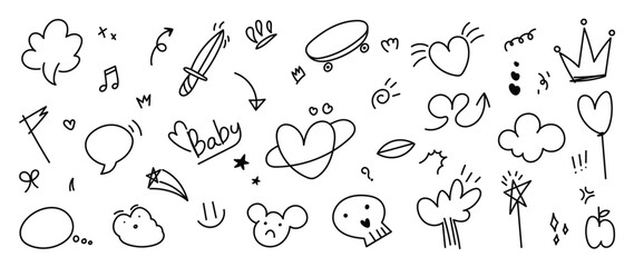 Set of cute pen line doodle element vector. Hand drawn doodle style collection of heart, speech bubble, word, cloud, arrow, crown, skull. Design for decoration, sticker, idol poster, social media