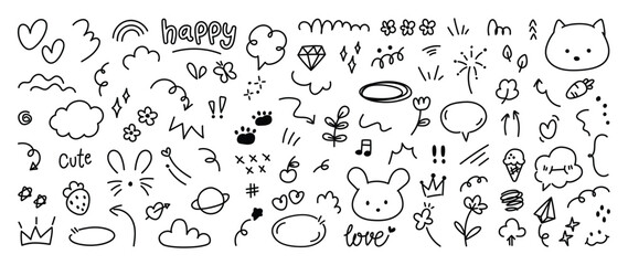 Set of cute pen line doodle element vector. Hand drawn doodle style collection of heart, speech bubble, word, cloud, strawberry, ice cream. Design for decoration, sticker, idol poster, social media