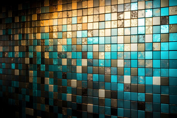 Fototapeta premium A geometric abstract background featuring a grid-like pattern of square tiles in various sizes and colors, harmonious and balanced visual composition. Generative AI