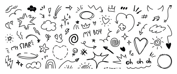 Fototapeta na wymiar Set of cute pen line doodle element vector. Hand drawn doodle style collection of heart, star, speech bubble, word, cloud, arrow. Design for decoration, sticker, idol poster, social media