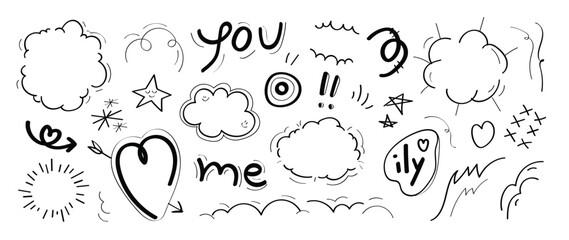 Set of cute pen line doodle element vector. Hand drawn doodle style collection of heart, star, speech bubble, word, cloud, arrow. Design for decoration, sticker, idol poster, social media