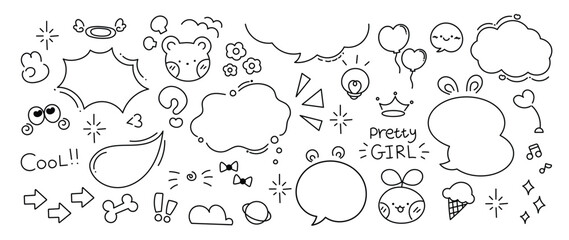 Set of cute pen line doodle element vector. Hand drawn doodle style collection of heart, flower, crown, word, speech bubble, ice cream, arrow. Design for decoration, sticker, idol poster, social media