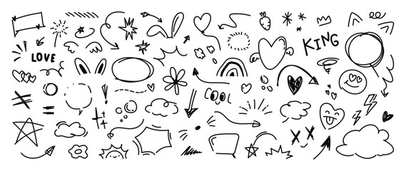 Fototapeta na wymiar Set of cute pen line doodle element vector. Hand drawn doodle style collection of heart, speech bubble, word, cloud, arrow, carrot, balloon. Design for decoration, sticker, idol poster, social media