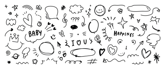 Set of cute pen line doodle element vector. Hand drawn doodle style collection of heart, speech bubble, word, cloud, arrow, star. Design for decoration, sticker, idol poster, social media