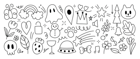 Set of cute pen line doodle element vector. Hand drawn doodle style collection of heart, flower, crown, skull, arrow, butterfly, snowman,tree. Design for decoration, sticker, idol poster, social media