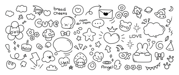 Fototapeta na wymiar Set of cute pen line doodle element vector. Hand drawn doodle style collection of heart, flower, crown, word, mushroom, bread, rocket, squid. Design for decoration, sticker, idol poster, social media