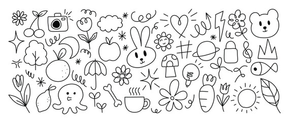 Set of cute pen line doodle element vector. Hand drawn doodle style collection of heart, flower, rabbit, bear, camera, scribble, arrow, apple. Design for decoration, sticker, idol poster, social media